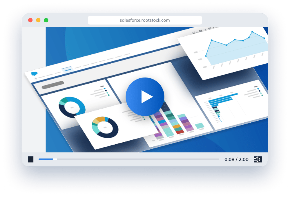 Browser window showing the Rootstock Cloud ERP dashboard with a play button for the 2-minute overview video
